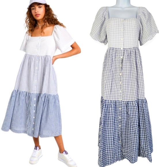 Madewell Dresses & Skirts - Madewell blue white gray gingham tiered patchwork midi dress Womens Small